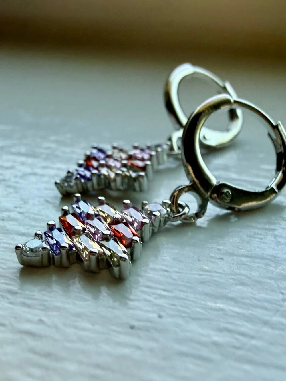 NEW! 14k White Gold Plated with Multicolored Crystal Drop Hoop Earrings